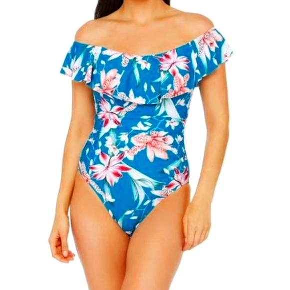La Blanca Women's Floral Stretch Lined Lace-Up-Back Ruched Ruffled Swimsuit, 2 - Picture 1 of 12
